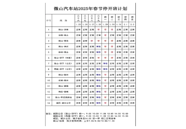 微山汽车站2025年春节停开班计划